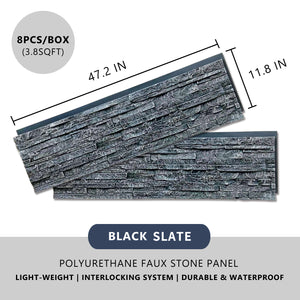 Faux Stone Panel- Light-Weight, Durable and Waterproof(45.6 sqft) 8pc/box【BLACK SLATE】 - Urban Décor