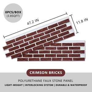 Faux Stone Panel- Light-Weight, Durable and Waterproof(45.6 sqft) 8pc/box【Vintage Red brick】 - Urban Décor