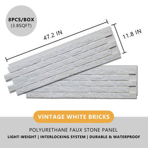 Faux Stone Panel- Light-Weight, Durable and Waterproof(45.6 sqft) 8pc/box【Vintage White brick】 - Urban Décor